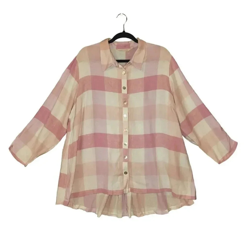 Soft Surrounding Women Pink Plaid Shirt Button Down Pearly Buttons Size 2X SBU60